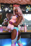 "CrC" TIMES SQ. BILLBOARD 3PC Pastel Runway RDY Rainbow Holographic Chaps/Bodysuit Set