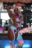 "CrC" TIMES SQ. BILLBOARD 3PC Pastel Runway RDY Rainbow Holographic Chaps/Bodysuit Set