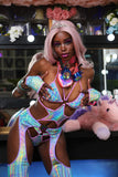 "CrC" TIMES SQ. BILLBOARD 3PC Pastel Runway RDY Rainbow Holographic Chaps/Bodysuit Set