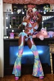 "CrC" TIMES SQ. BILLBOARD 3PC Pastel Runway RDY Rainbow Holographic Chaps/Bodysuit Set