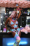 "CrC" TIMES SQ. BILLBOARD 3PC Pastel Runway RDY Rainbow Holographic Chaps/Bodysuit Set
