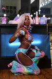 "CrC" TIMES SQ. BILLBOARD 3PC Pastel Runway RDY Rainbow Holographic Chaps/Bodysuit Set