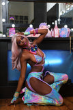 "CrC" TIMES SQ. BILLBOARD 3PC Pastel Runway RDY Rainbow Holographic Chaps/Bodysuit Set