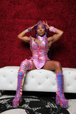 "CRC" *TIMES SQ. BILLBOARD!* CUSTOM 5 PC Runway RDY Lavender Spiked Holo Corset Set
