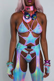 "CrC" TIMES SQ. BILLBOARD 3PC Pastel Runway RDY Rainbow Holographic Chaps/Bodysuit Set