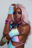 "CrC" TIMES SQ. BILLBOARD 3PC Pastel Runway RDY Rainbow Holographic Chaps/Bodysuit Set