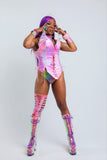 "CRC" *TIMES SQ. BILLBOARD!* CUSTOM 5 PC Runway RDY Lavender Spiked Holo Corset Set