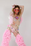 “FLIRTY FLAMINGO CHAPS 7PC Ruffle Rhinestone” + Pink Wig! Runway RDY Set