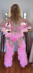 “FLIRTY FLAMINGO CHAPS 7PC Ruffle Rhinestone” + Pink Wig! Runway RDY Set