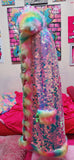 “Custom CARE BEARS RAINBOW SEQUIN Faux Fur COAT”Runway RDY