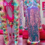 “Custom CARE BEARS RAINBOW SEQUIN Faux Fur COAT”Runway RDY