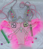 “FLIRTY FLAMINGO CHAPS 7PC Ruffle Rhinestone” + Pink Wig! Runway RDY Set