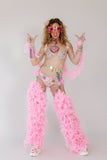 “FLIRTY FLAMINGO CHAPS 7PC Ruffle Rhinestone” + Pink Wig! Runway RDY Set