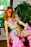 “FLIRTY FLAMINGO CHAPS 7PC Ruffle Rhinestone” + Pink Wig! Runway RDY Set