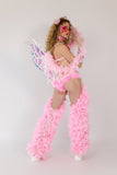 “FLIRTY FLAMINGO CHAPS 7PC Ruffle Rhinestone” + Pink Wig! Runway RDY Set