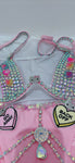 “FLIRTY FLAMINGO CHAPS 7PC Ruffle Rhinestone” + Pink Wig! Runway RDY Set