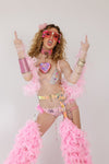 “FLIRTY FLAMINGO CHAPS 7PC Ruffle Rhinestone” + Pink Wig! Runway RDY Set