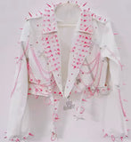 Handmade BARBIE BIKER SPIKED & CHAINED Vegan LEATHER Moto-Style JACKET “Runway RDY”