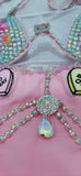 “FLIRTY FLAMINGO CHAPS 7PC Ruffle Rhinestone” + Pink Wig! Runway RDY Set