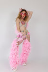 “FLIRTY FLAMINGO CHAPS 7PC Ruffle Rhinestone” + Pink Wig! Runway RDY Set