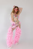 “FLIRTY FLAMINGO CHAPS 7PC Ruffle Rhinestone” + Pink Wig! Runway RDY Set