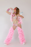 “FLIRTY FLAMINGO CHAPS 7PC Ruffle Rhinestone” + Pink Wig! Runway RDY Set