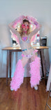 “FLIRTY FLAMINGO CHAPS 7PC Ruffle Rhinestone” + Pink Wig! Runway RDY Set