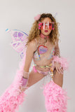 “FLIRTY FLAMINGO CHAPS 7PC Ruffle Rhinestone” + Pink Wig! Runway RDY Set