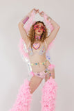 “FLIRTY FLAMINGO CHAPS 7PC Ruffle Rhinestone” + Pink Wig! Runway RDY Set