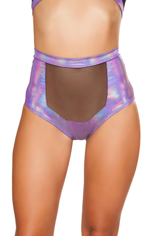 3610 - Purple - 1pc High-Waisted Short with Sheer Panel and Cross Back
