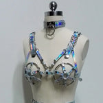"CrC" Runway RDY 3PC Handcrafted Holographic Gothic Vegan Leather Caged Bra Harness Set