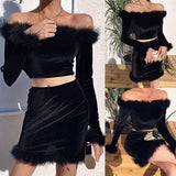 "CrC" Weekend RDY Black Velvet Faux Fur 2 Pc Skirt Set