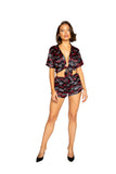 Roma Confidential LI348 Lips Satin Pajama Set Chic 2 Piece Satin Pajama Set with Collared Tie Top and Full Short Bottoms Adorned with a Lip Print