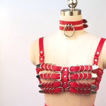 "CrC" Runway RDY Handcrafted 3PC Gothic Red Vegan Leather Caged Bra/Choker/Skirt Set