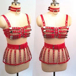 "CrC" Runway RDY Handcrafted 3PC Gothic Red Vegan Leather Caged Bra/Choker/Skirt Set